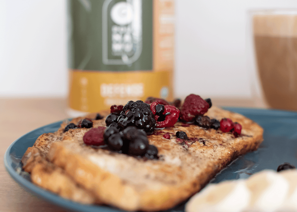 Pounamu Protein Immune Defense cinnamon, honey, cereal french toast topped with warm berries and maple syrup!