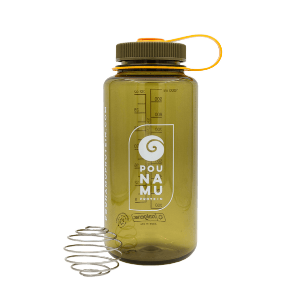 Pounamu Nalgene Sustain 32oz Olive Bottle with Earth/Sunflower/Pumpkin Lid and shaker ball