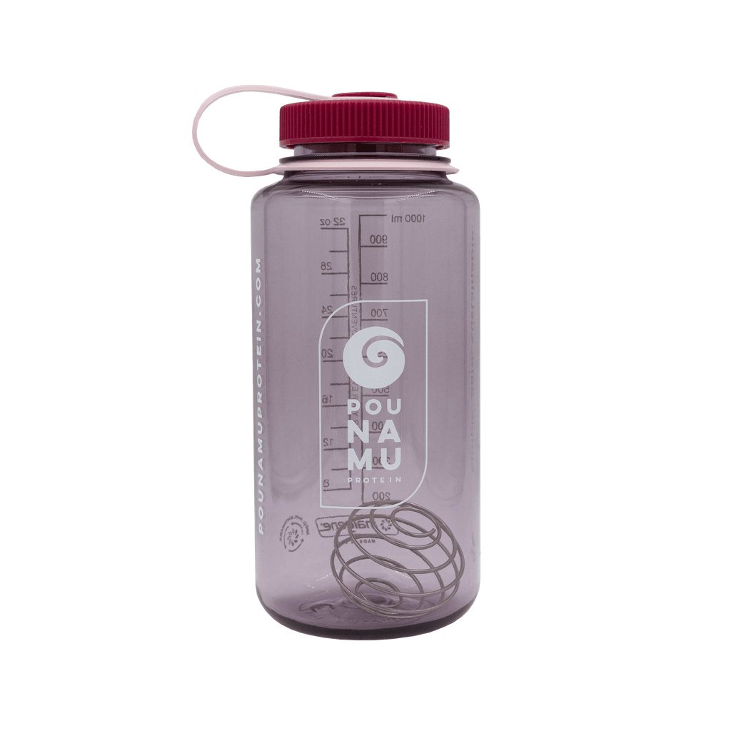 Pounamu Nalgene Sustain 32oz Aubergine Bottle with Dark Berry Lid and shaker ball